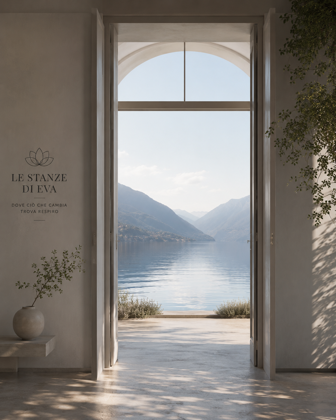 Una porta aperta su un lago calmo tra le montagne