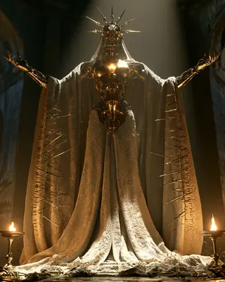 A crowned mechanical figure of a woman in a richly embroidered robe opens her arms in a dark chamber; iron spikes show through the cloth.