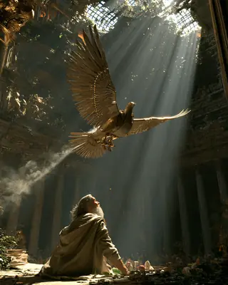 A wooden dove with hinged wings flies through shafts of light above a courtyard, trailing steam, watched by a philosopher.