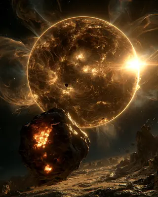 A dark asteroid, red-hot on one side, passes in front of the blazing disc of the sun.