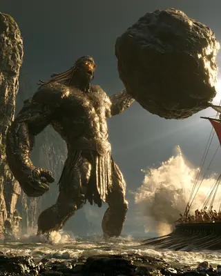 A bronze giant standing in the surf below the cliffs hurls a huge boulder at a ship with a red sail.