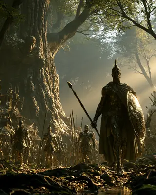 Warriors in bronze armour walk out of a forest of giant ash trees in golden mist.