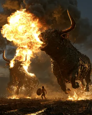 Two bronze bulls breathe fire across a field at night while a young hero with a round shield stands before them.