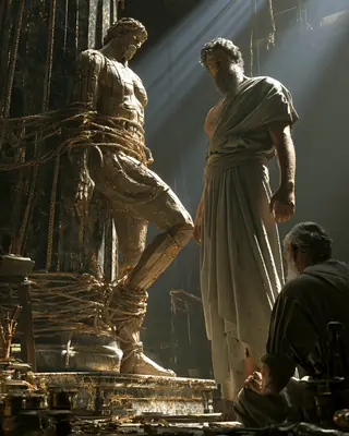 A lifelike statue tied with ropes to a column steps off its base, watched by a craftsman in a workshop.