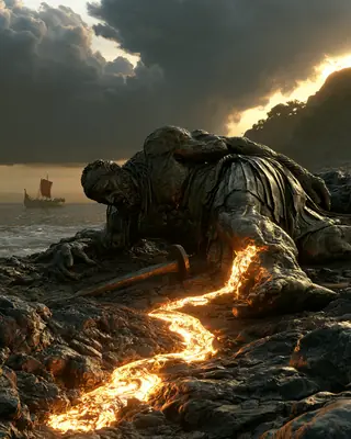 The fallen bronze giant lies on the rocks of the shore while a stream of glowing ichor runs from his ankle; a ship waits at sea.