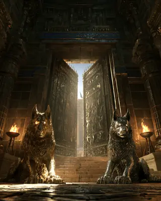 A dog of gold and a dog of silver sit on either side of the bronze doors of a palace lit by torches.