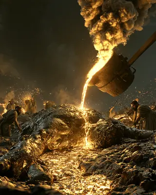 Molten bronze pours from a crucible onto a giant figure lying in a casting mould in a volcanic forge.