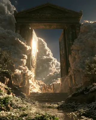 Gates of cloud and bronze swing open on Olympus, light pouring through them.