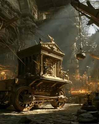 A small wooden cart carrying a miniature temple stands in an ancient workshop lit by shafts of light.
