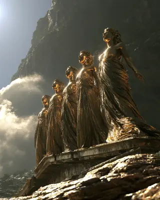 Golden female figures stand singing on the pediment of a bronze temple on a mountainside.