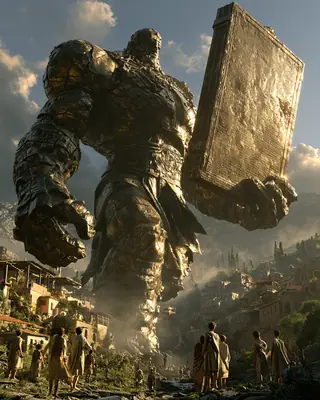 A bronze giant carries a huge engraved tablet through a Minoan village at dawn while villagers look up.