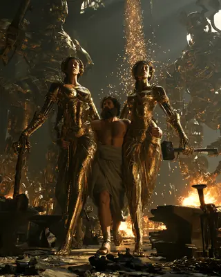 Two jointed handmaidens of gold support the bearded smith-god Hephaestus in his forge.