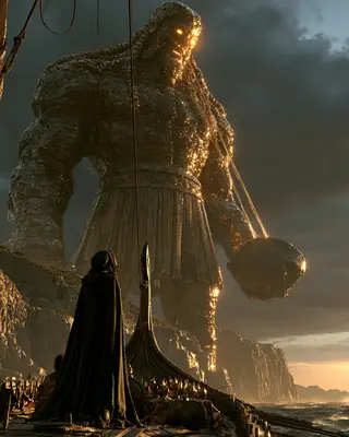 A hooded sorceress stands at the bow of a ship below a giant with a glowing eye and a boulder in his hand.
