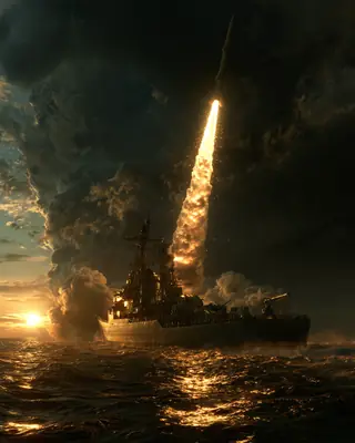 A grey warship launches a large missile into a stormy dusk sky on a column of flame and smoke.