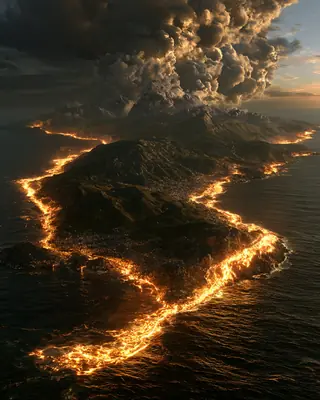 An island seen from high above at sunset, its whole coastline traced by a glowing line of molten gold.