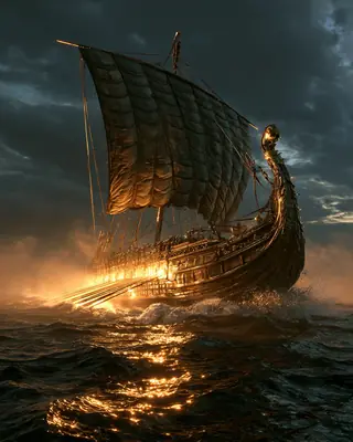 An ancient ship with no crew and no helmsman sails through a storm, a golden light glowing inside its hull.