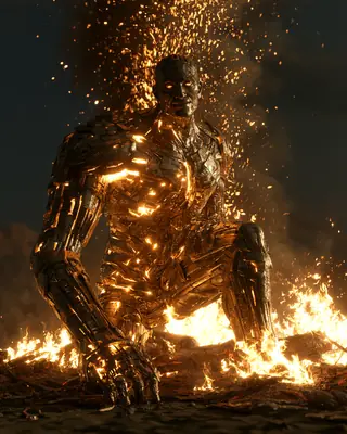 The bronze giant kneels in a bonfire on a dark beach, his whole body glowing red-hot, sparks rising into the night.