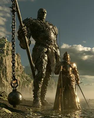A tall man of iron holding a long chain flail stands on a misty shore beside a knight in armour.