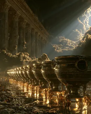A long row of bronze tripod cauldrons on small wheels rolling through a hall of columns and clouds.